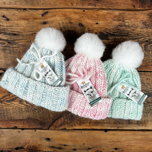 Hand-Knit Lopi Baby Hat with Real Fur Pom Pom