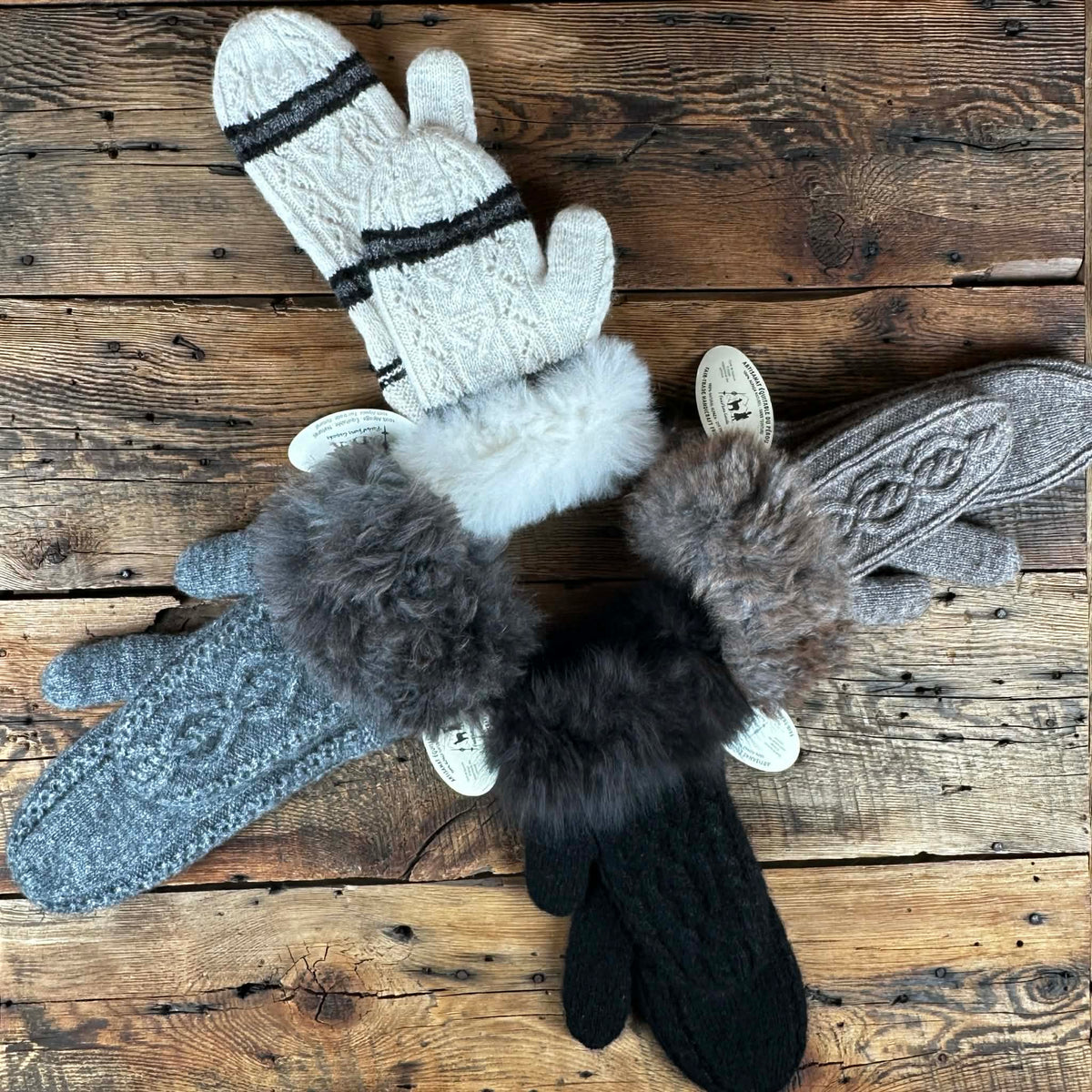 Peruvian Fur-Trimmed Double Knit Mittens