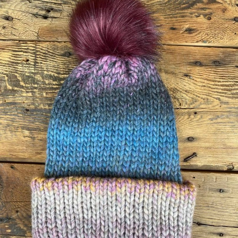 Coastal Tide Hat - Tri-Colour Variegated with Removable Vegan Pom Pom