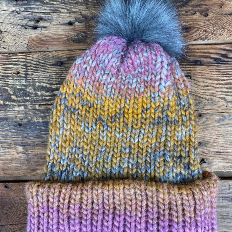 Coastal Tide Hat - Tri-Colour Variegated with Removable Vegan Pom Pom