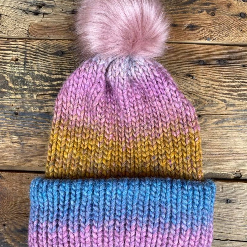 Coastal Tide Hat - Tri-Colour Variegated with Removable Vegan Pom Pom