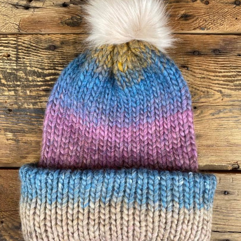 Coastal Tide Hat - Tri-Colour Variegated with Removable Vegan Pom Pom
