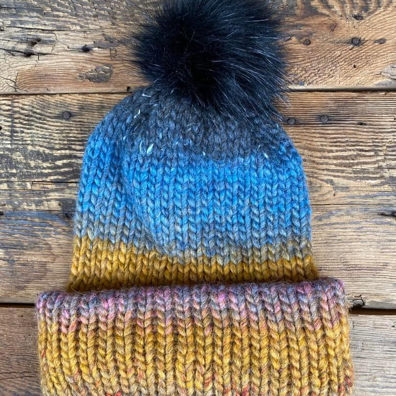 Coastal Tide Hat - Tri-Colour Variegated with Removable Vegan Pom Pom